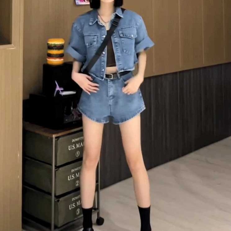 デニムセットアップ クロップド半袖ジャケット＆ハイウエストショートパンツ こなれ感上下セット