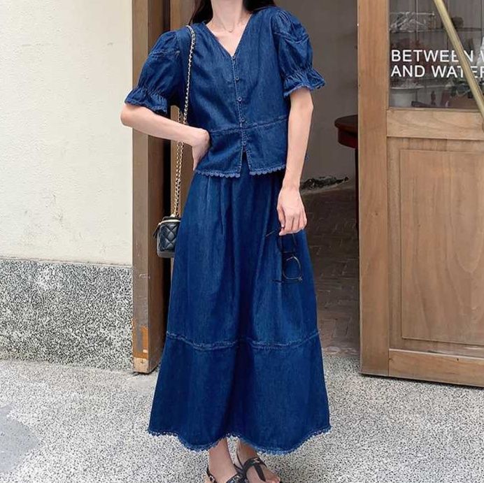 デニムセットアップ パフスリーブトップス・ティアードロングスカート ふんわりフェミニンセット