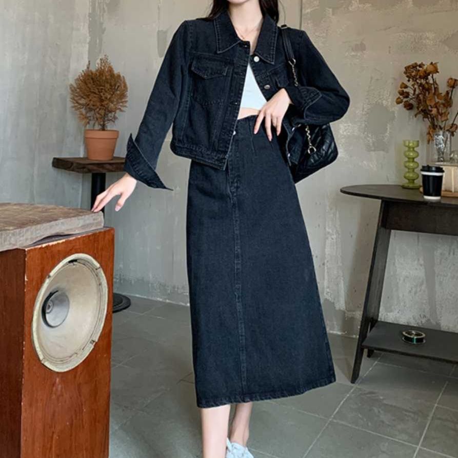 デニムセットアップ クロップド丈デニムジャケット＆ミディスカート すっきり見え上下セット