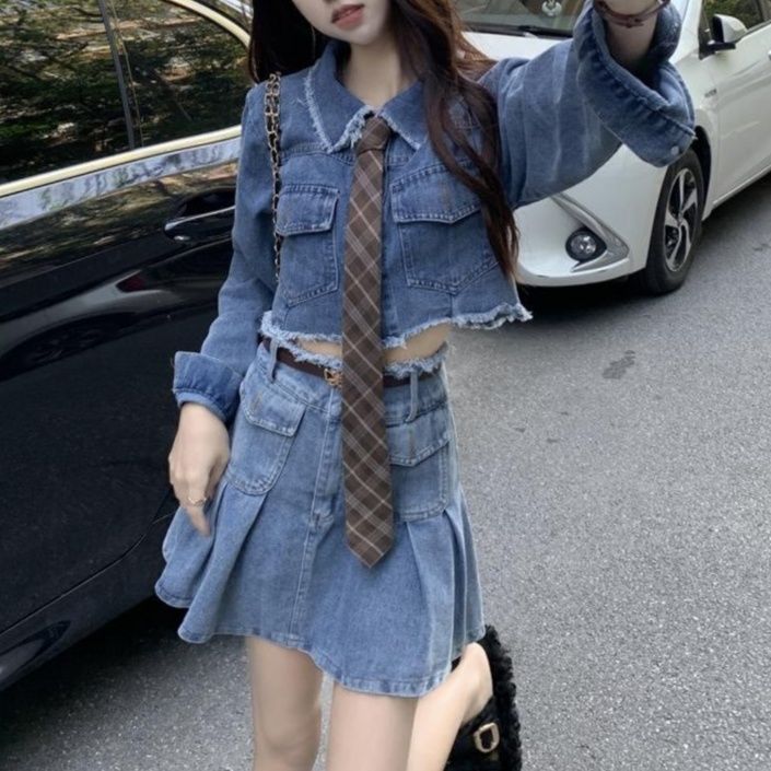 デニムセットアップ フリンジ裾ショートジャケット・プリーツミニスカート上下セット