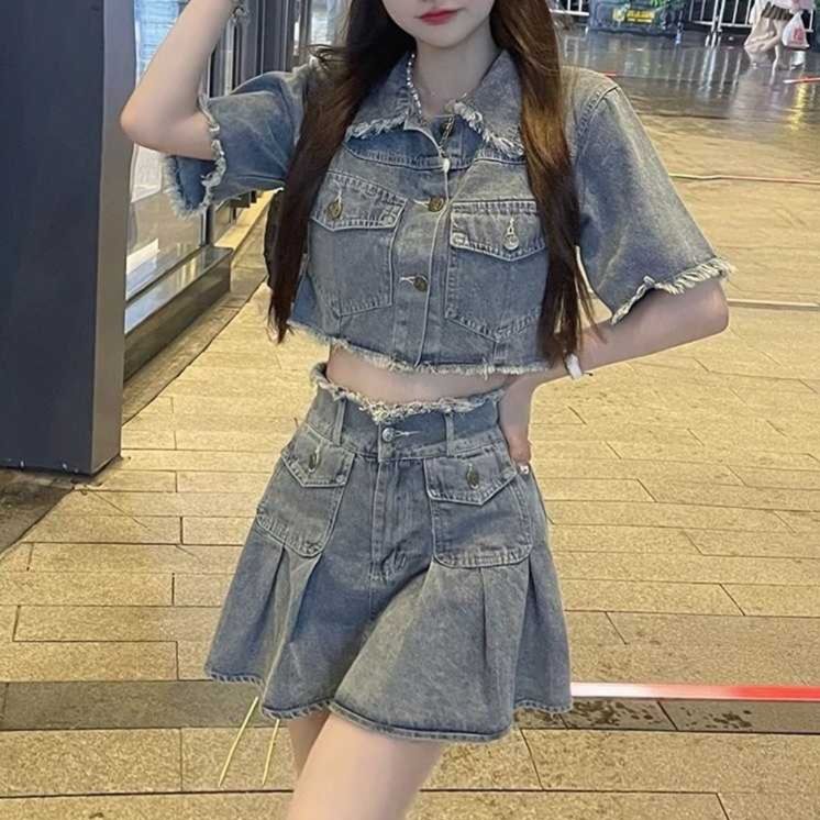 デニムセットアップ フリンジ加工クロップドジャケット＆ミニスカート カジュアル可愛い2点セット