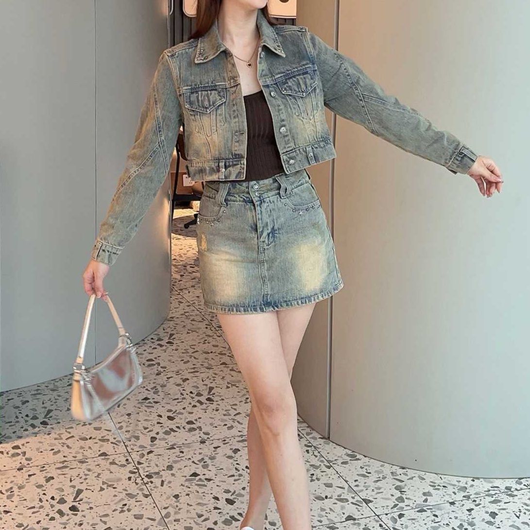 デニムセットアップ 色落ち加工クロップドジャケット＆デニムスカート 大人可愛い上下セット