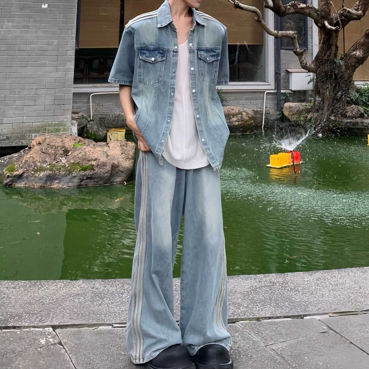 デニムセットアップ  ゆったり半袖デニムシャツ・ワイドパンツ メンズ向けウォッシュセットアップ