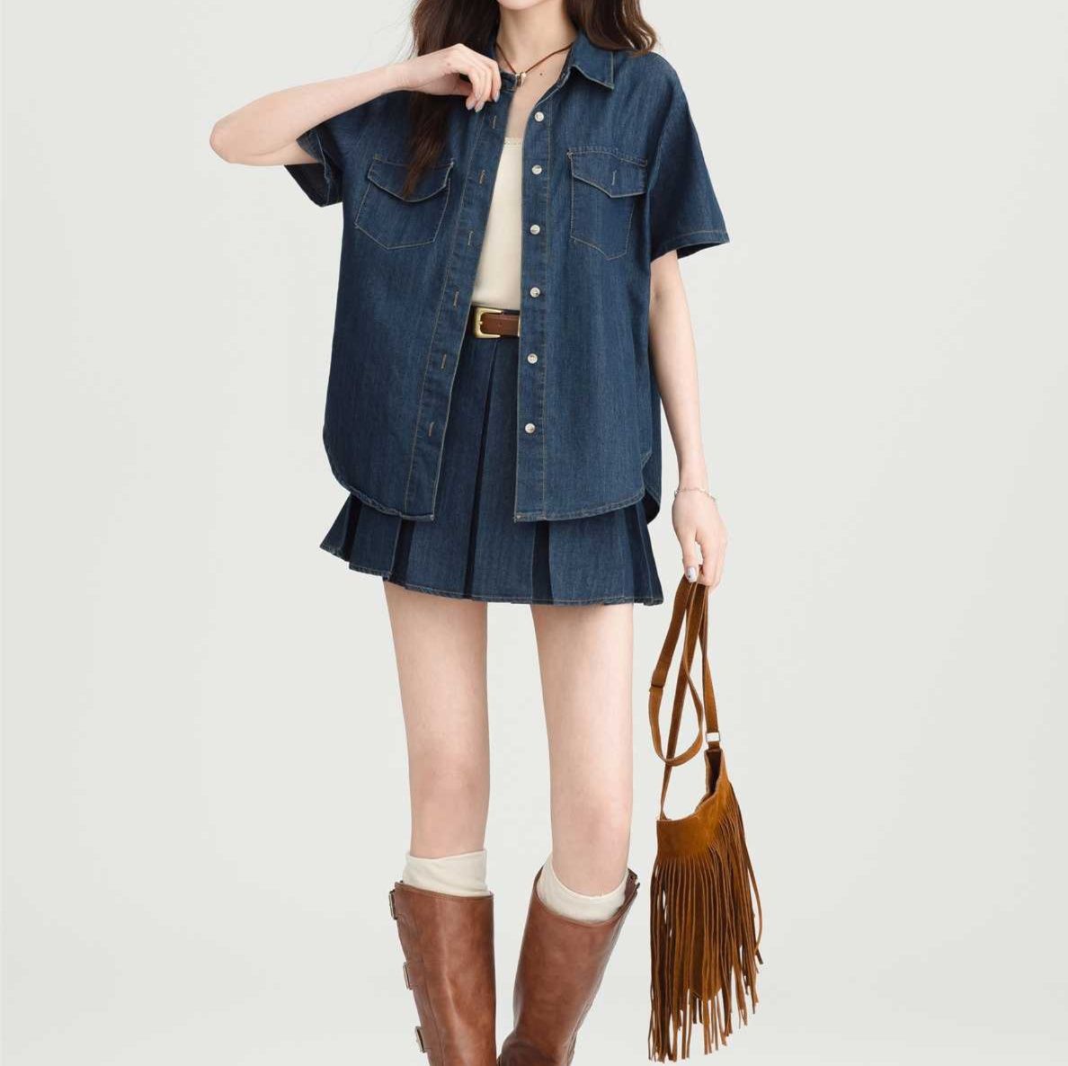 デニムセットアップ ゆったり半袖シャツ・プリーツミニスカート シックなデニム上下セット