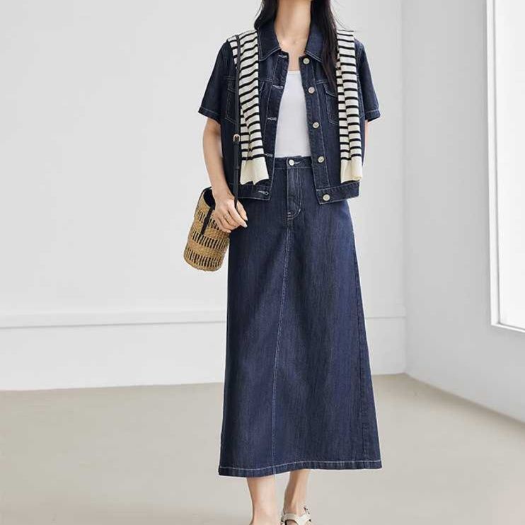 デニムセットアップ 半袖シャツ＆Aラインロングスカート ヴィンテージモダン2点セット