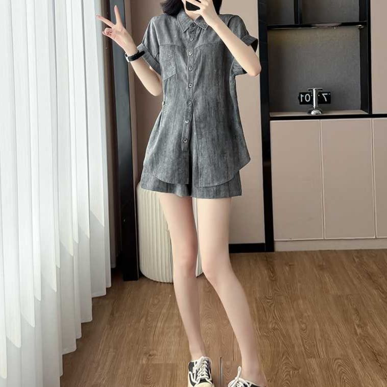 デニムセットアップ ゆったり半袖デニムシャツ・ショートパンツ 夏向けリラックスセット