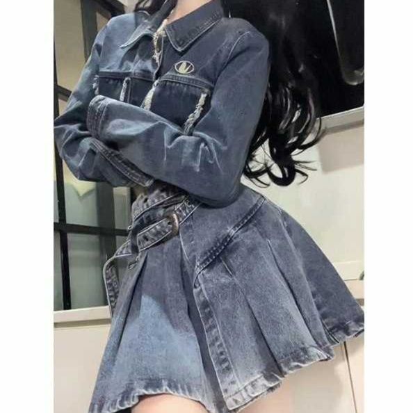 デニムセットアップ フリンジ加工デニムジャケット×プリーツスカート スクール風セットアップ