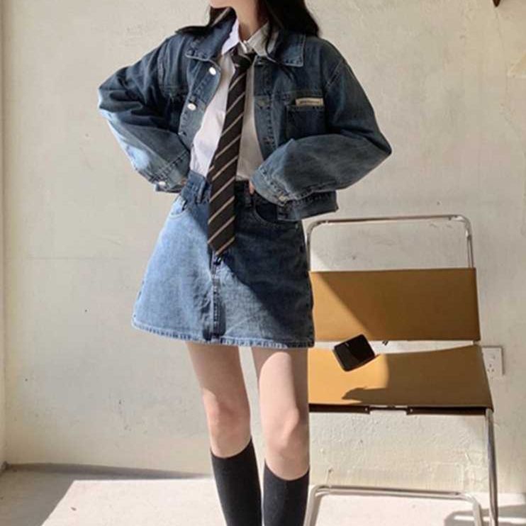 デニムセットアップ スクール風ジャケット・ミニスカート・シャツ・ネクタイ 小柄女子の甘辛系4点セット