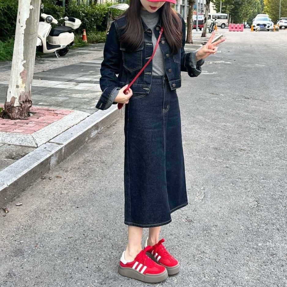 デニムセットアップ シンプルジャケット＆ミモレ丈スカート クラシカルセットアップ