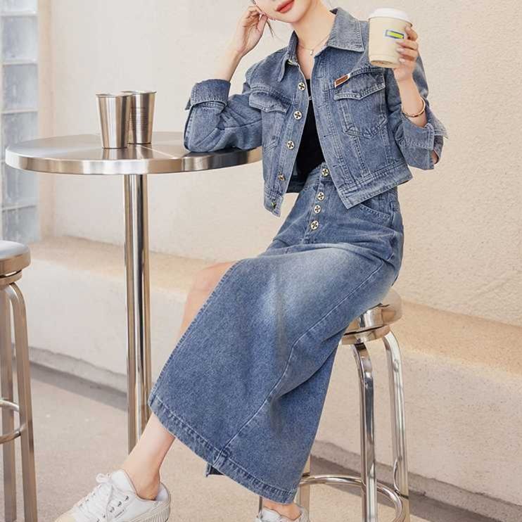 デニムセットアップ クラシカルジャケット＆ロングスカート 大人カジュアル2点セット