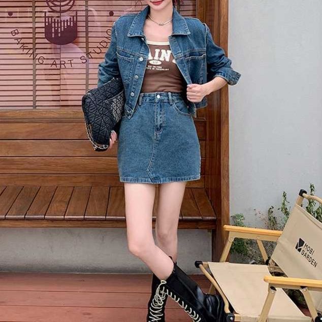 デニムセットアップ 香港風オフショルトップス×ミニスカート 小柄さんの春秋向け二点セット