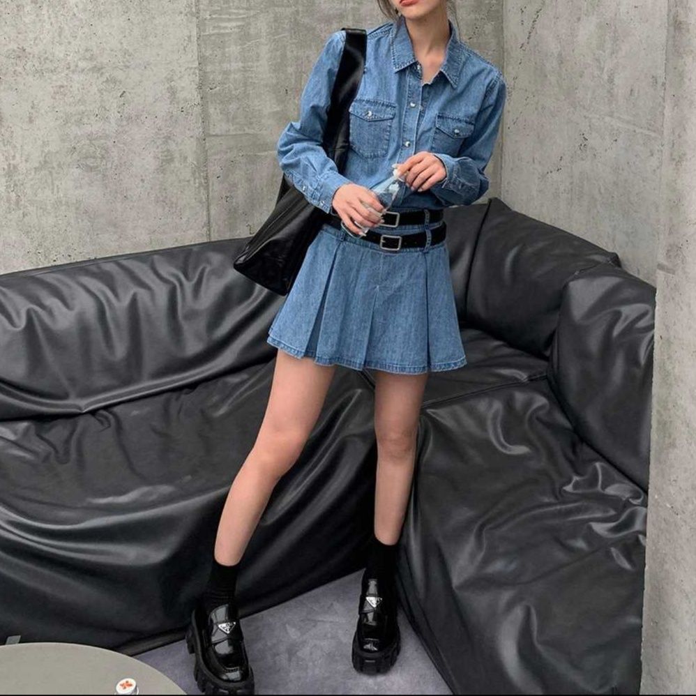 デニムセットアップ デニム長袖シャツ・プリーツミニスカート クラシカルセット