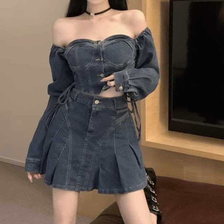 デニムセットアップ 肩見せショート丈トップス×プリーツミニスカート ギャル系甘辛セット