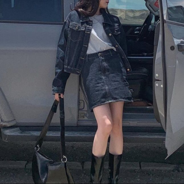 デニムセットアップ 細見えミドルジャケット＆タイトスカート 大人きれいめ2点セット