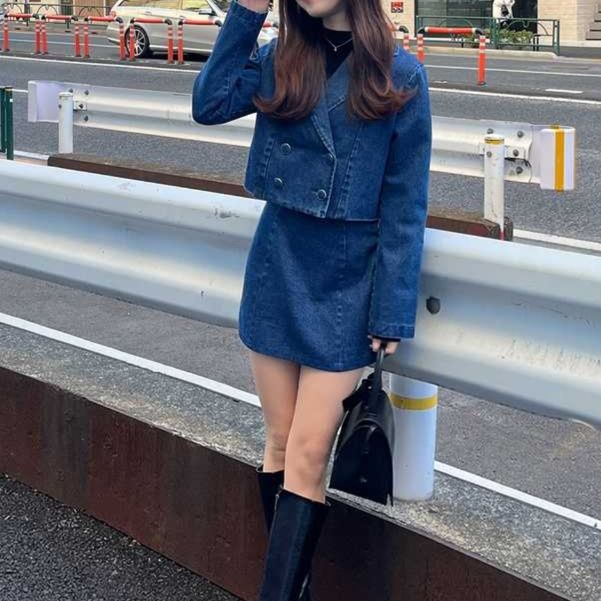デニムセットアップ ダブルボタンジャケット＆すっきりミニスカート 大人可愛い2点セット