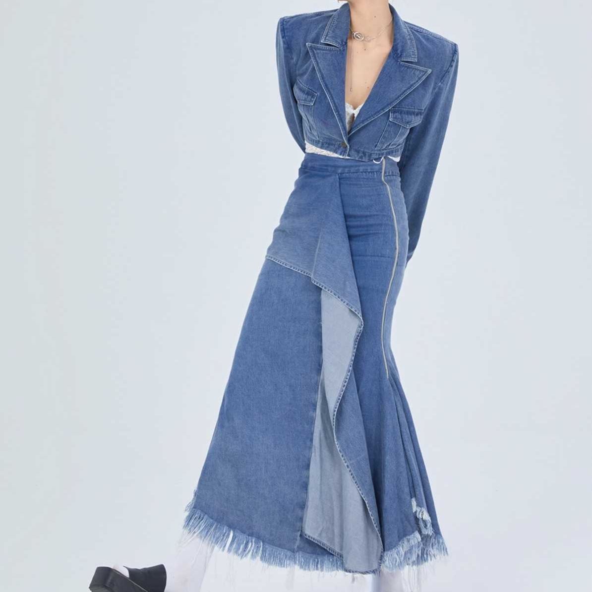 デニムセットアップ ショートジャケット＆不規則マーメイドスカート 甘辛ダメージ加工ツーピース