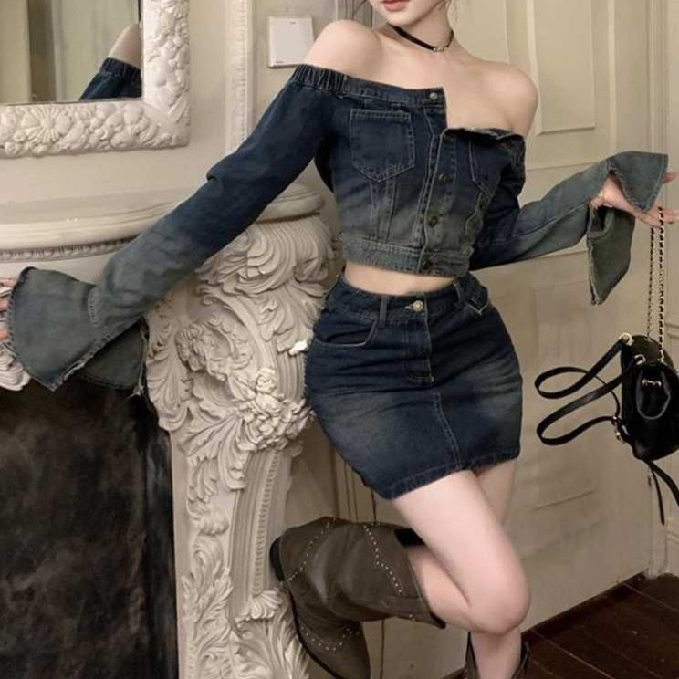 デニムセットアップ オフショルショートトップス×ミニスカート 個性派セットアップ