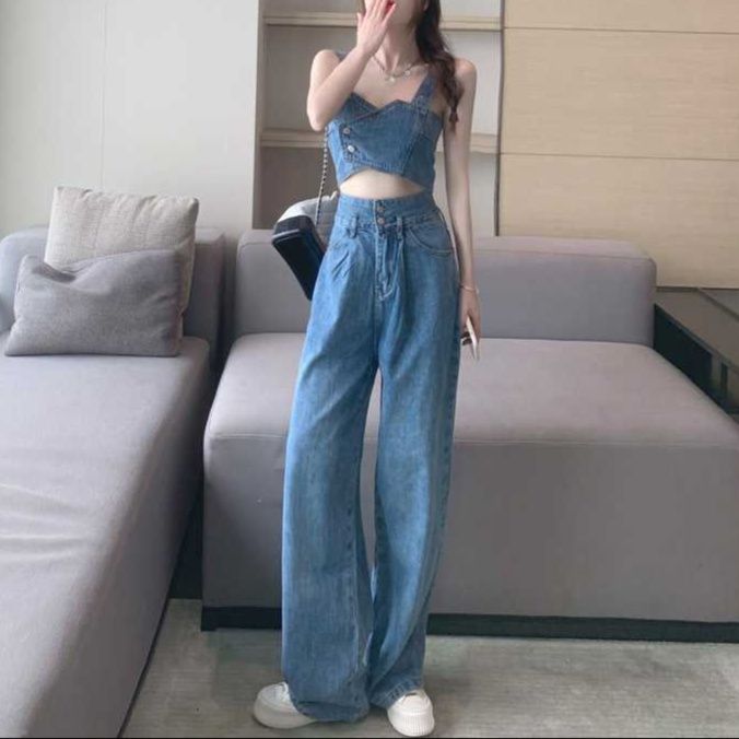 デニムセットアップ ハートカットビスチェ・ワイドロングパンツ レトロカジュアルセット