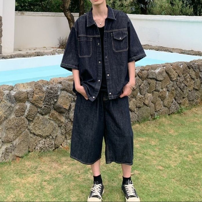 デニムセットアップ デニム半袖シャツ＋七分丈ワイドパンツ メンズ向け 夏のゆるカジュアルセット