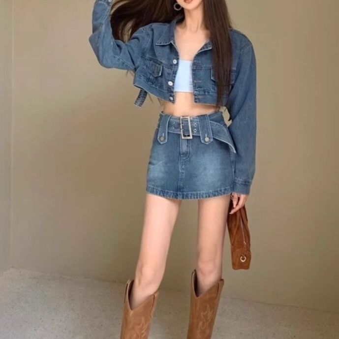 デニムセットアップ クロップドジャケット・ベルトディティールミニスカート フェミカジセット