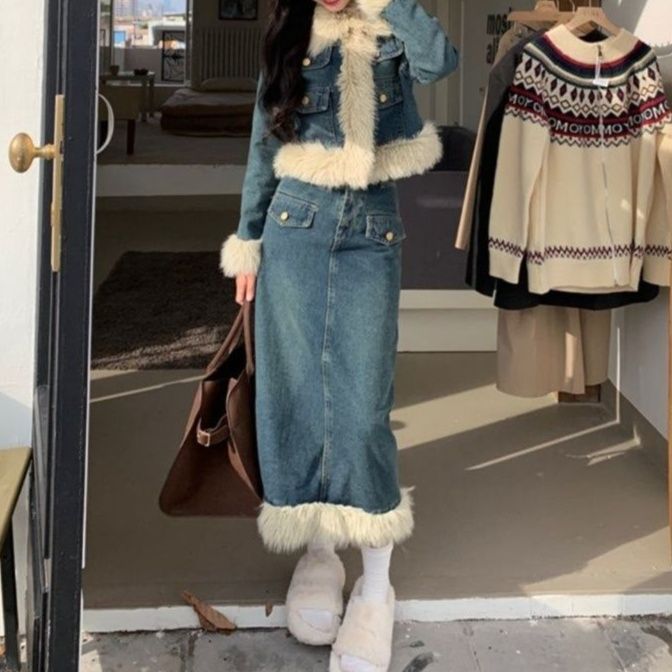 デニムセットアップ ファー付きジャケット×選べるロング＆ミニスカート 冬の甘辛2点セット