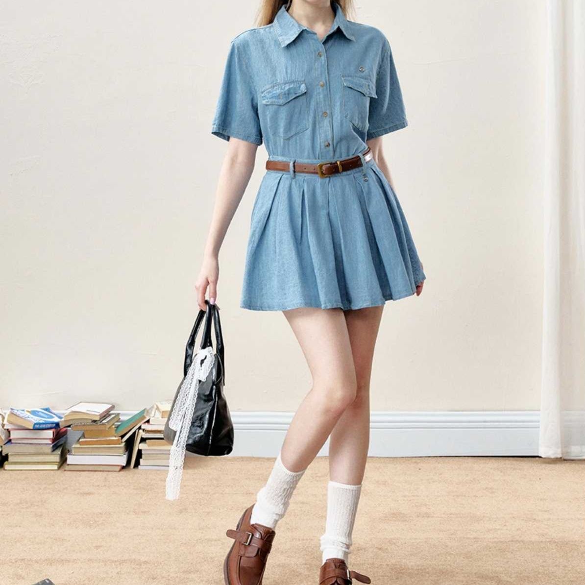 デニムセットアップ 半袖デニムシャツ×プリーツミニスカート レトロガーリーツーピース