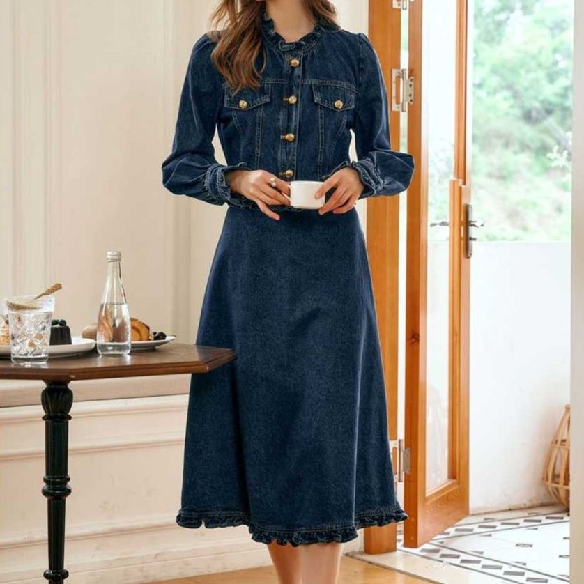 デニムセットアップ フリルデザインショートジャケット＆スカート フレンチレトロな2点セット