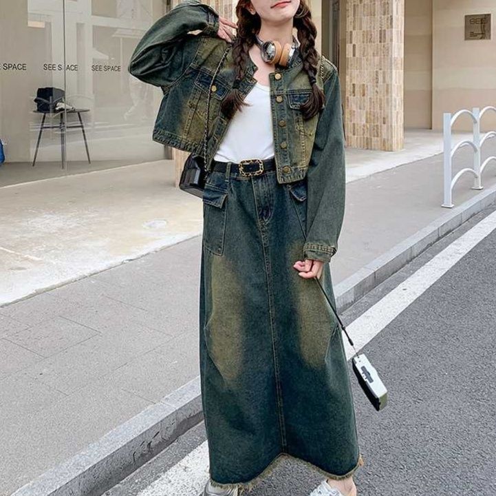 デニムセットアップ レトロデニムジャケットとロング丈スカートの大人可愛い上下セット