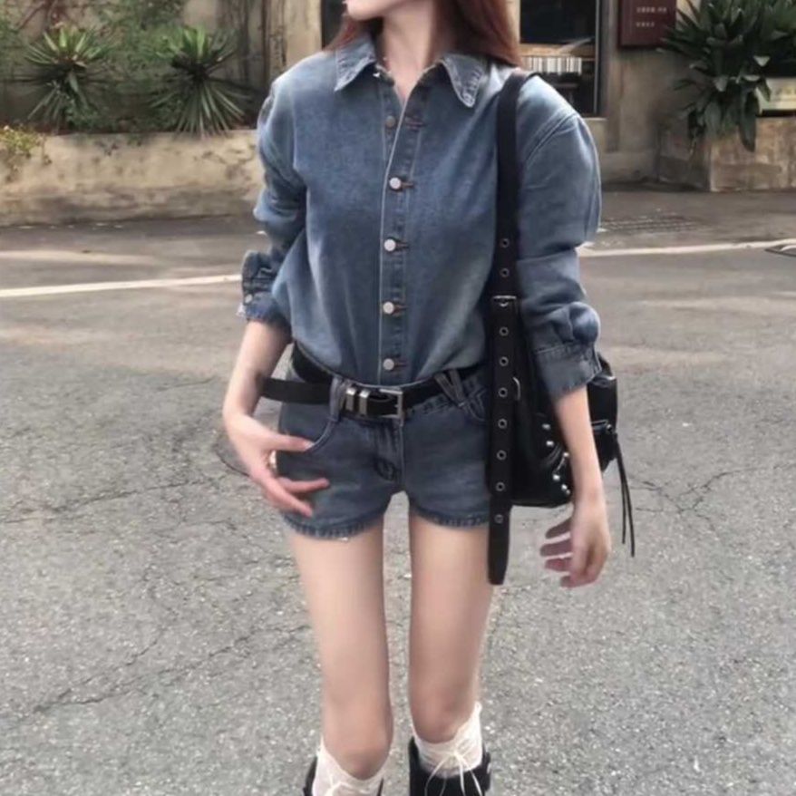 デニムセットアップ 韓国風シャツジャケット×ショートパンツ レトロカジュアルセット