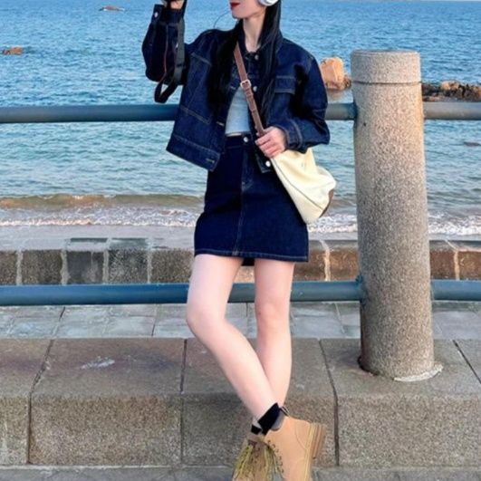 デニムセットアップ クラシカルデニムジャケット＋タイトミニスカート シンプル可愛い2点セット
