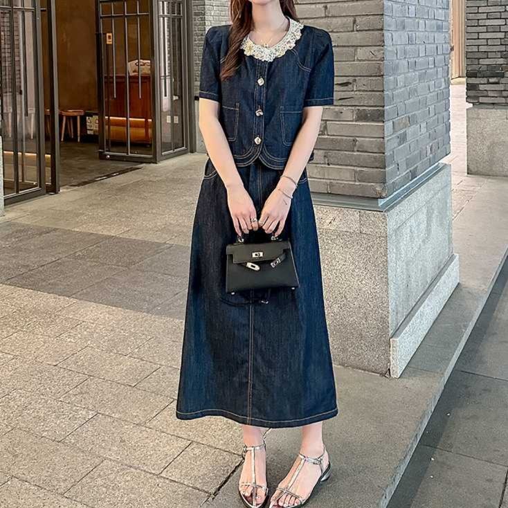 デニムセットアップ レース襟半袖トップス＆ロングスカート 上品フェミニンな薄手デニムセット