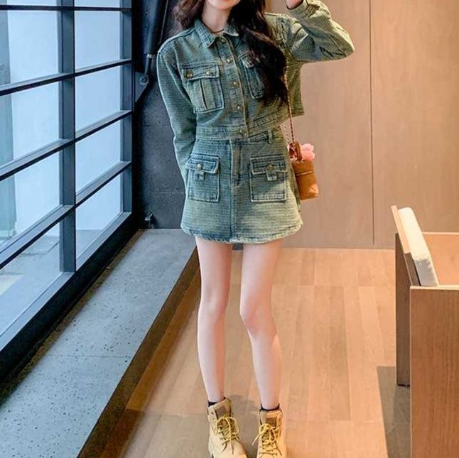 デニムセットアップ 織り模様ショートジャケット×ミニスカート 大人の洒落見え上下セット