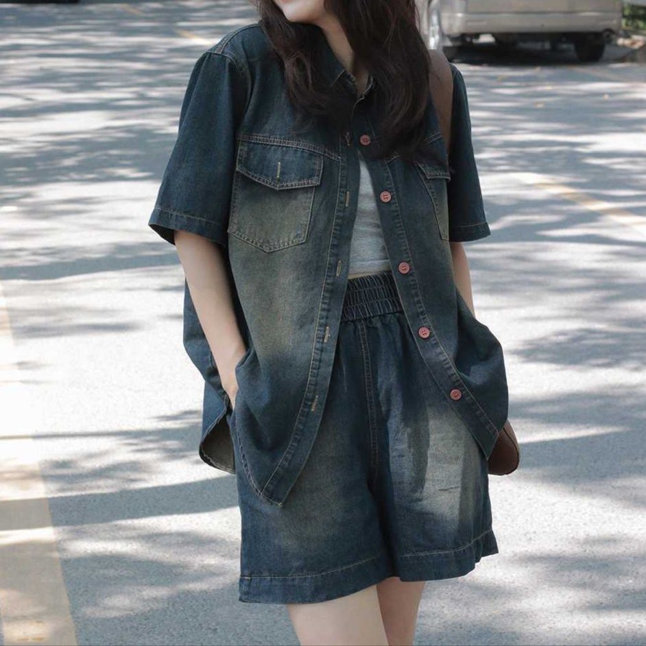 デニムセットアップ レトロデニム半袖シャツ&ウエストゴムショートパンツ 夏のカジュアルセット