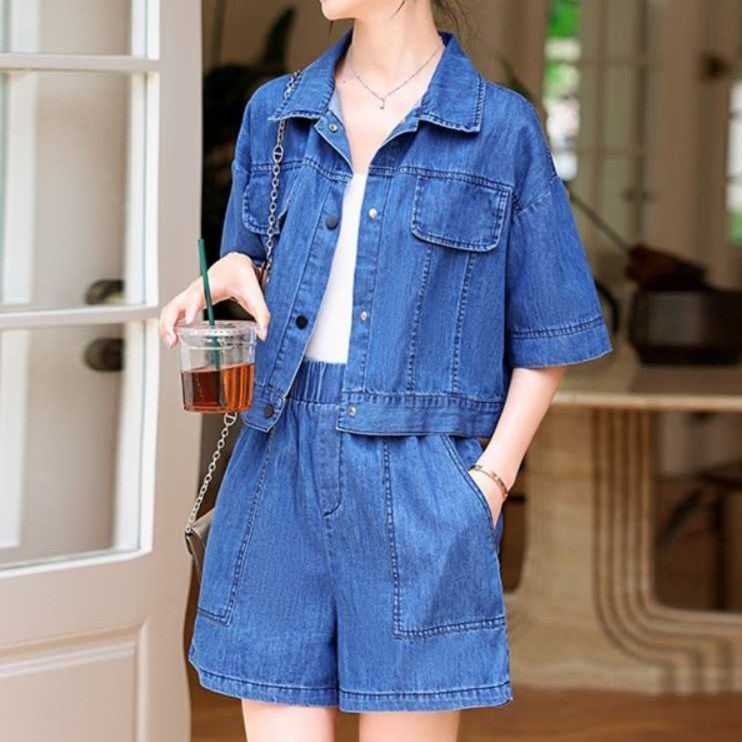 デニムセットアップ 薄手半袖シャツジャケット・ショートパンツ 夏の欧風おしゃれセット