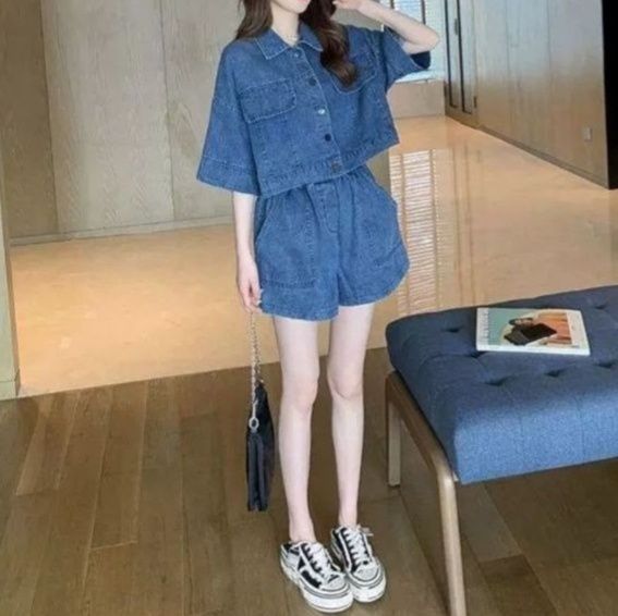 デニムセットアップ 香港風ゆったり半袖ジャケット・ショートパンツ 夏のデイリーセット