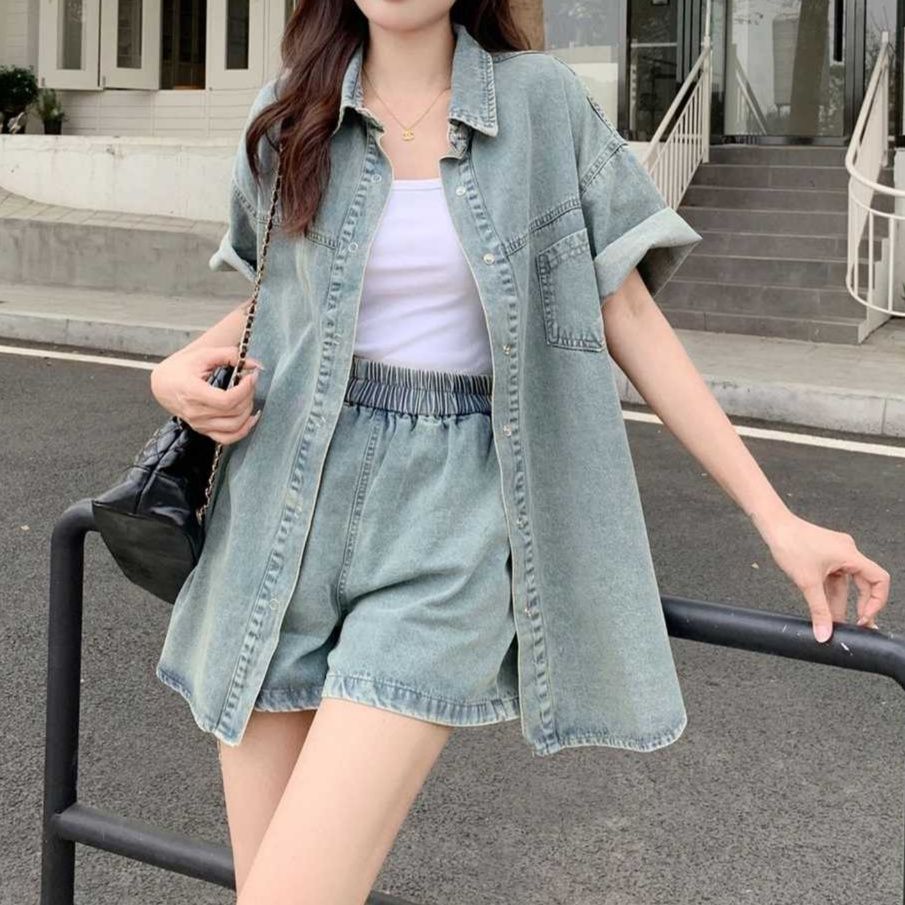 デニムセットアップ デニム半袖シャツ＆ショートパンツ ゆったりカジュアルセット