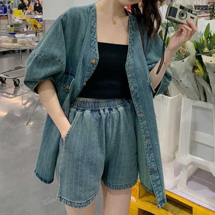 デニムセットアップ オーバーサイズシャツ・ショートパンツ ゆる可愛いレトロセット