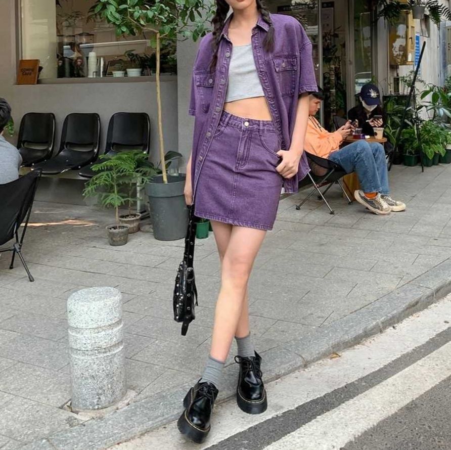 デニムセットアップ デニム半袖シャツ×ハイウエストミニスカート ヴィンテージ風セット