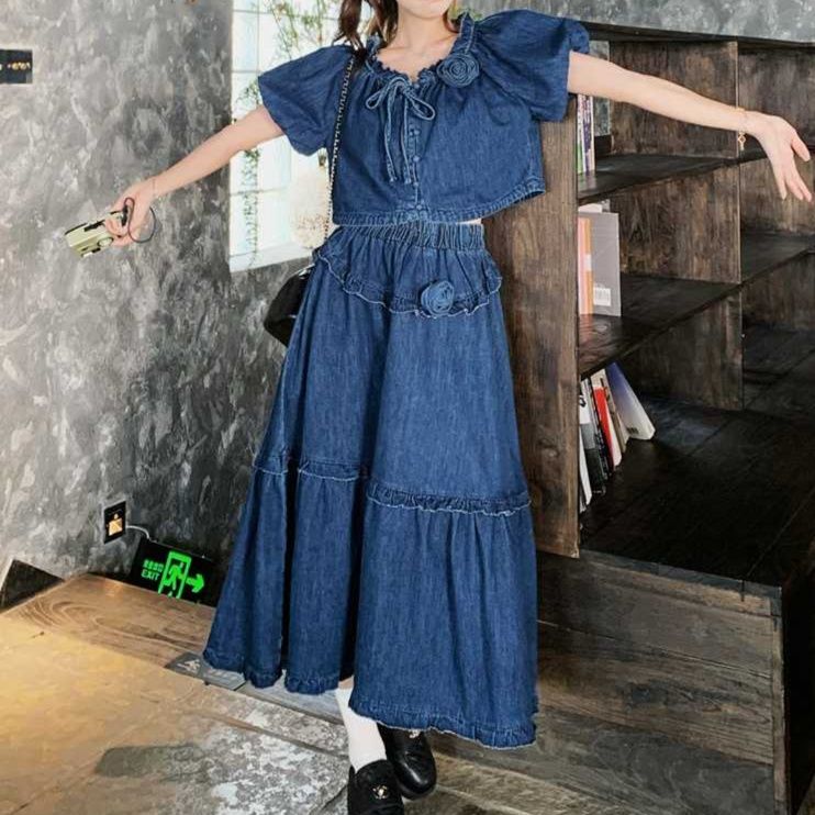 デニムセットアップ フリル装飾トップス×ティアードスカート ふんわりガーリーツーピース