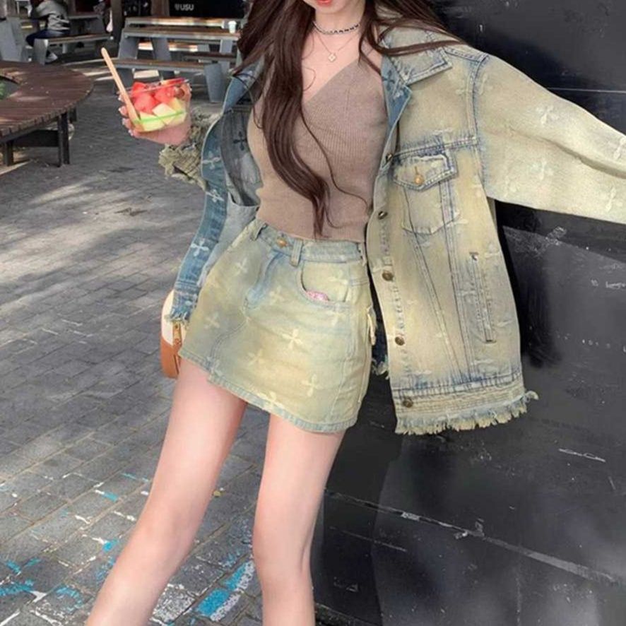 オーバーサイズジャケット＋ミニスカート 大人可愛いヴィンテージ風デニムセットアップ