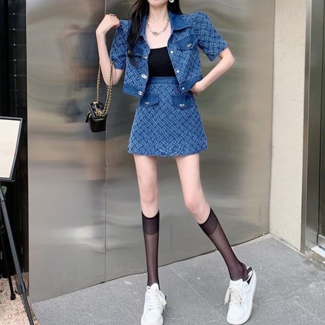 模様入りショート半袖ジャケット＋Aラインミニスカート きれいめ細見えデニムセットアップ