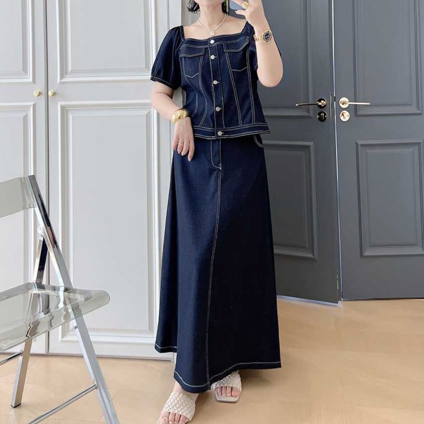 デニムセットアップ スクエアネックトップス＆フレアロングスカート 大人カジュアルセット