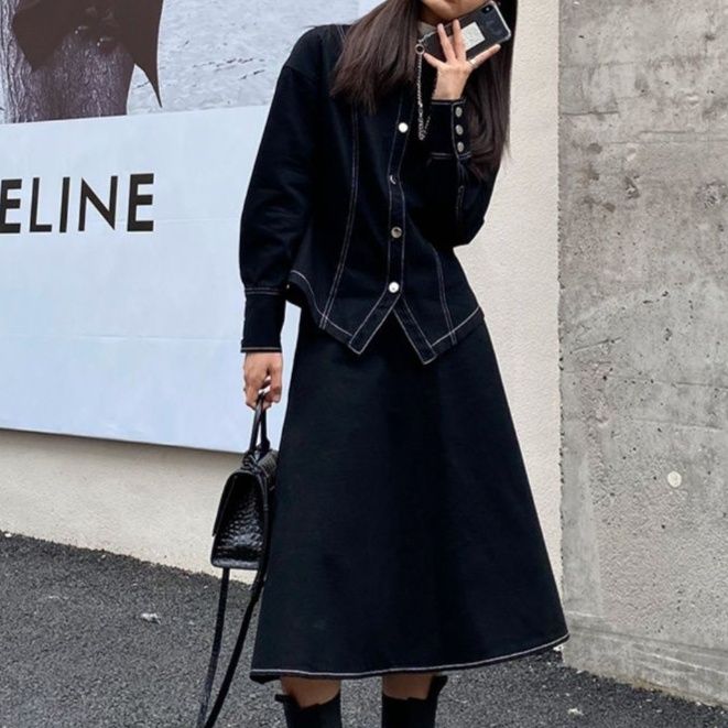 白ステッチジャケット&フレアロングスカート 塩系モダンなデニムセットアップ