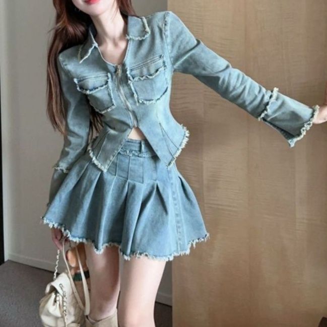 デニムセットアップ フリンジジャケット＆プリーツミニスカート 細見えカジュアルセット