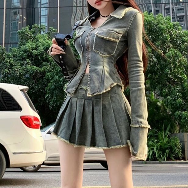 ヴィンテージジャケット×プリーツミニスカート 個性派細見えデニムセットアップ