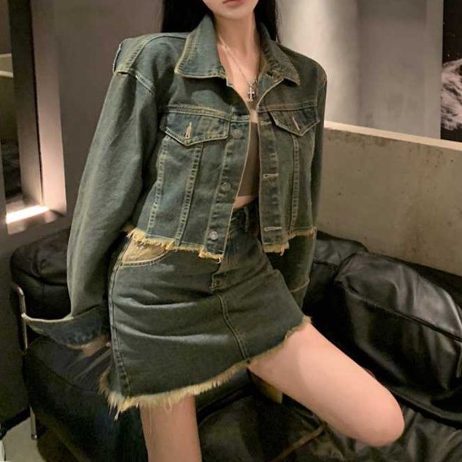 デニムセットアップ 裾フリンジジャケット×ミニスカート レトロカジュアルセット