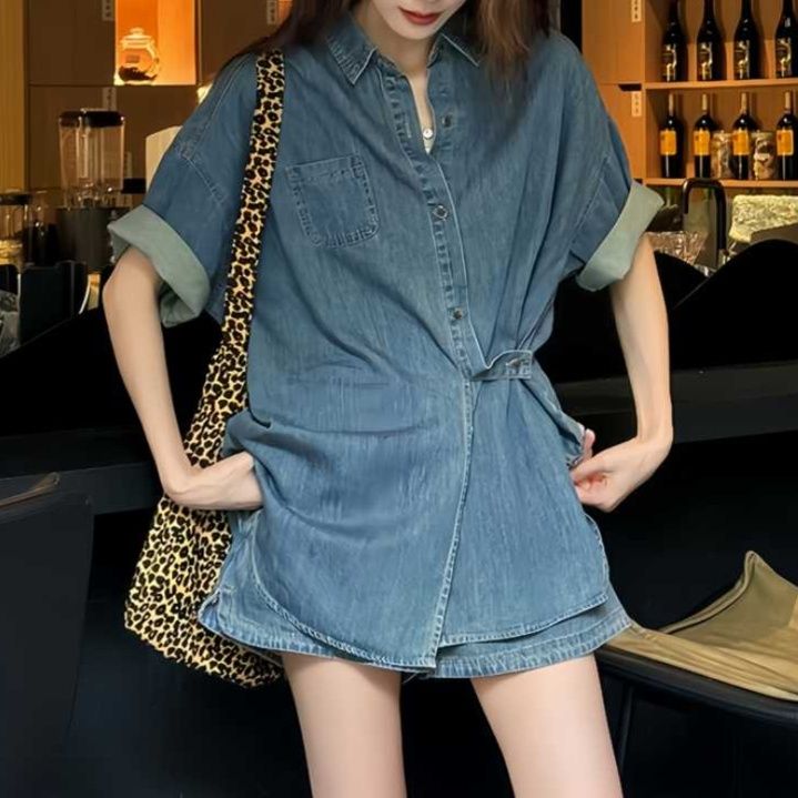 デニムセットアップ リラックス風合いウエストマークシャツセット