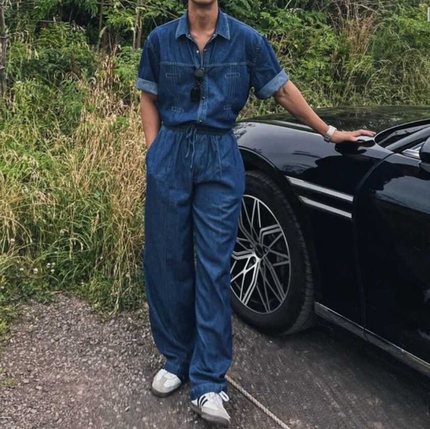 ワークテイストデニムシャツ×ワイドパンツ メンズ向けカジュアルデニムセットアップ