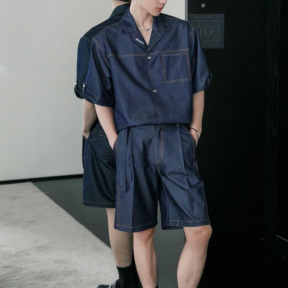 リラックス半袖シャツ×ハーフパンツ メンズ向けクラシックデニムセットアップ