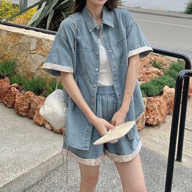 デニムセットアップ レース装飾半袖シャツ＆ワイドショートパンツ レトロフェミかわセット